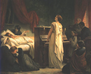 フランス画家フェリックス・ジョセフ・バリアス『ショパンの死』 奥で手を握っているのが姉ルドヴィカ，手前で泣き崩れているのがジョルジュ・サンドの娘ソランジュ，ピアノを弾きながら歌っているのがデルフィナ・ポトツカ伯爵夫人。