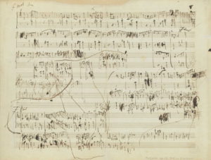 マズルカ　ヘ短調Op.68-4の自筆譜。病床で仰臥しながら最後の力を振り絞って書き残したショパンの絶筆である。