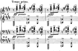 ラフマニノフ前奏曲嬰ハ短調Op.3-2　fff中にsffffが指示されている。